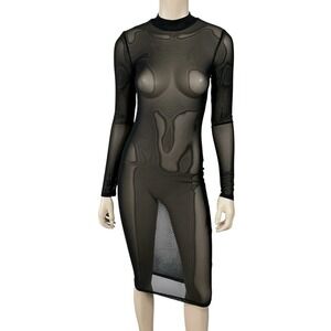 Fashion Nova Dress Women Small Black Long Sleeve Mesh Sheer Stretch Bodycon